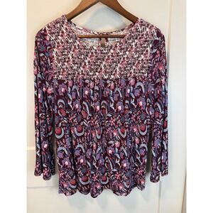 Lucky Brand‎ Smocked Maroon Floral Prairie Blouse Size Medium Cottagecore